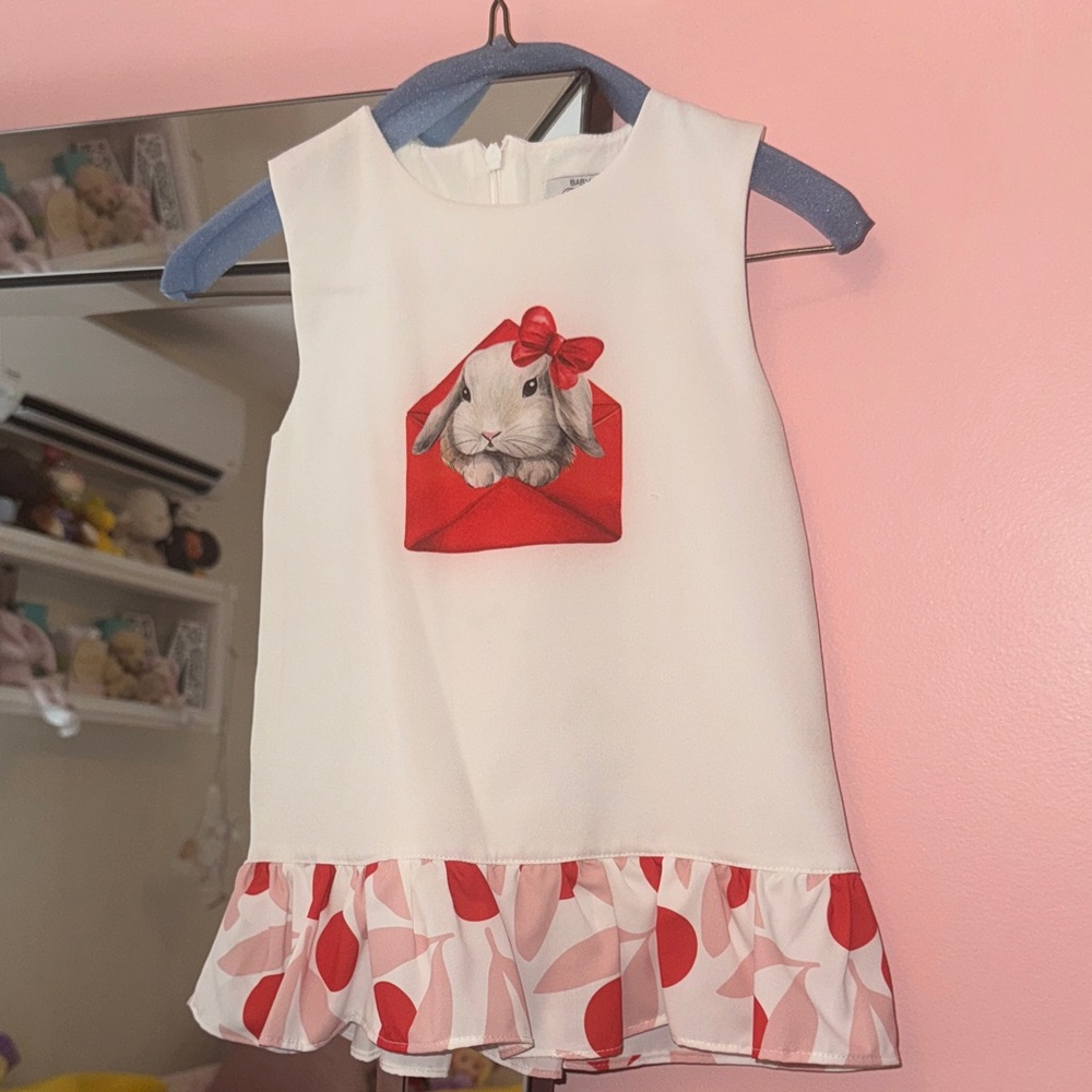 Charming White and Red Kids Dress with Bunny Design